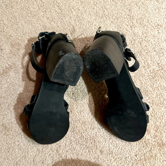 Anthropologie Seychelles Black ‎ Leather Strappy Sandals Block Heels Size 5.5 - Picture 2 of 4